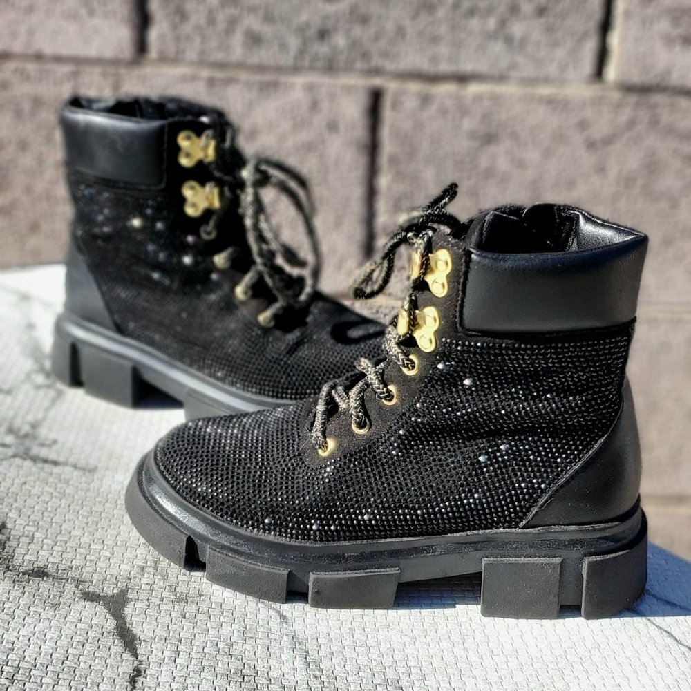 Toddler Girl's Black Rhinestone Studded lace Boots
